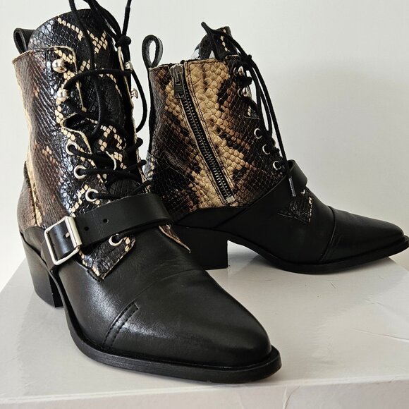 AllSaints Katy Ankle Boots - Black + Snake - Picture 1 of 8